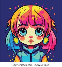 A cartoon of a little girl with big eyes and a big eyes. vector illustration anime style, colorful, abstract, digital art