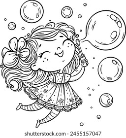 Cartoon little girl blowing soap bubbles. Kids clipart. Outline vector illustration. Coloring book page