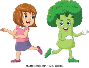 Cartoon little girl with with broccoli mascot character
