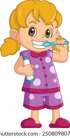 Cartoon little girl brushing teeth of illustration