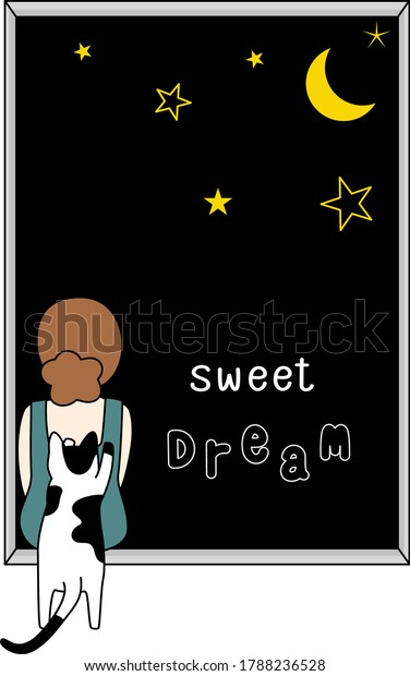 寂しい夜の少女と猫の漫画 簡単なかわいい手描きの線のベクター画像と最小限のアイコンフラットスタイルの文字イラスト のベクター画像素材 ロイヤリティフリー