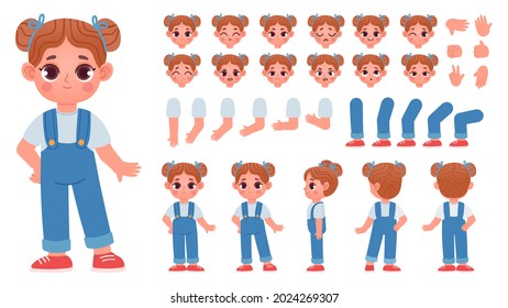 Cartoon little girl character constructor with gestures and emotions. Child mascot side and front view, body parts for animation vector set. Illustration of character girl pose and gesture