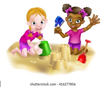 Cartoon little girl children, one white one black, playing in a sand pit or on the beach making sandcastles together in the sand