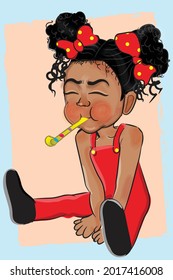 Cartoon little girl . Children's active games vector illustration. Little girl blowing a whistle
