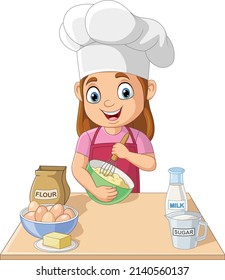 Cartoon little girl cooking making a cake svg