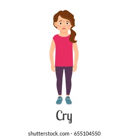 Cartoon little girl crying feeling isolated on white background. Vector illustration