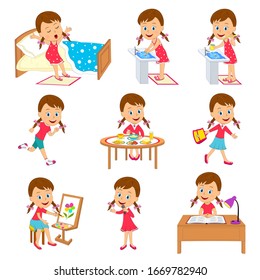 cartoon little girl daily routine, illustration,vector