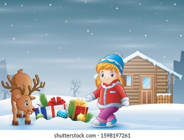 Cartoon little girl with a deer in christmas