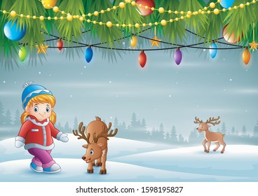 Cartoon little girl with a deer in winter christmas