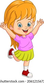 Cartoon little girl in dressed raising hands