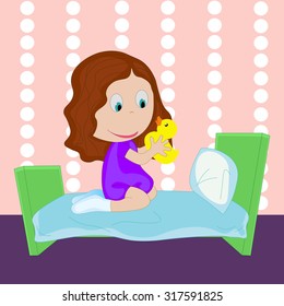 Cartoon little girl, dressed in socks, plays with a yellow duck on the bed