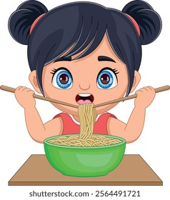 Cartoon little girl eating noodles