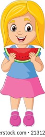Cartoon little girl eating watermelon slice