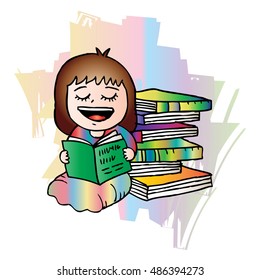 Cartoon little girl enjoying reading book.