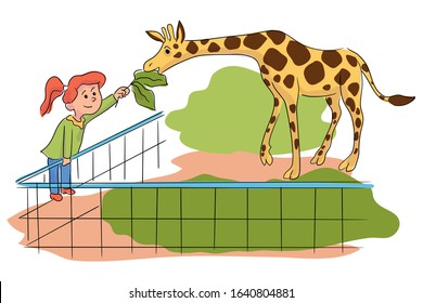 Cartoon little girl feeding giraffe at contact zoo. Happy kid female character interacting with animal. Child enjoying watching wildlife. Spending free time. Good weekends. Vector flat illustration