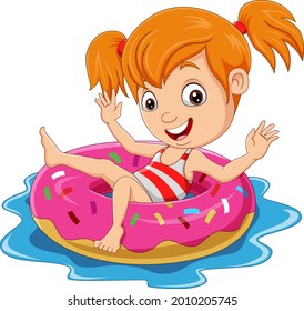 Cartoon little girl floating with inflatable ring