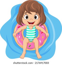 Cartoon little girl floating with inflatable ring
