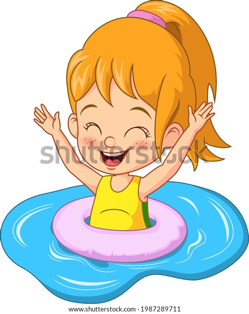 Cartoon Little Girl Floating Inflatable Ring Stock Vector (Royalty Free ...