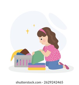 Cartoon of little girl folding clothes. Kids doing housework chores at home concept. House work, Happy child helper. flat vector illustration