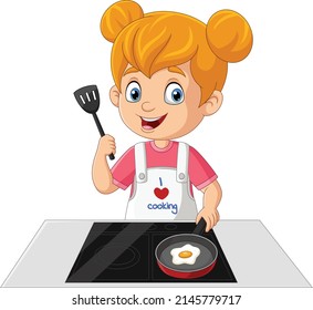 Cartoon little girl frying an egg