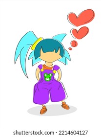 Cartoon little girl in funny clothes with hearts. Love, soap, idea on Valentine's Day, valentine, print. 