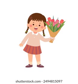 Cartoon little girl giving a bouquet of tulips flowers