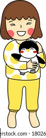 Cartoon of Little girl goes to bed with her penguin doll, her best friend. Simple cute hand draw line vector and minimal icons flat style Character illustration.
