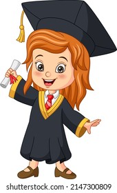 Cartoon little girl in graduation costume holding a diploma