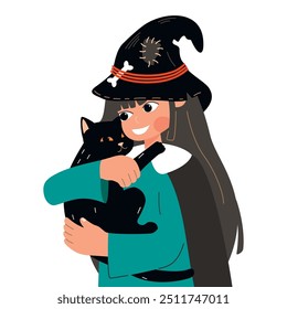 Cartoon little girl in Halloween witch costume.Cute female character in magic hat decorated with bone. Smiling child holding a black cat.Funny vector design for card,banner.Flat illustration on white.