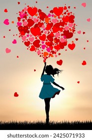 Cartoon little girl with hearts against the background of the sky and the sun. A child with heart-shaped balloons.