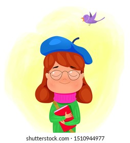 Cartoon little girl holding book and dreams. Vector illustration