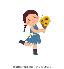 Niña de dibujos animados sosteniendo un ramo de girasoles