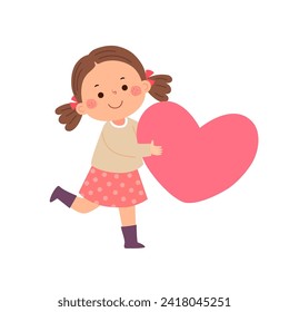 Caricatura de una niñita sosteniendo un gran corazón rosado. Concepto de San Valentín.