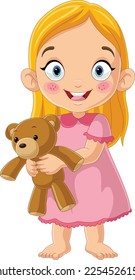 Cartoon little girl holding teddy bear