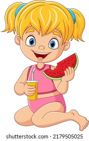 Cartoon little girl holding watermelon with drink