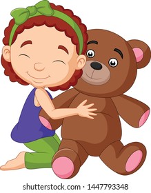 Cartoon little girl hugging teddy bear