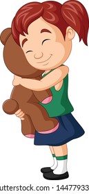 Cartoon little girl hugging teddy bear