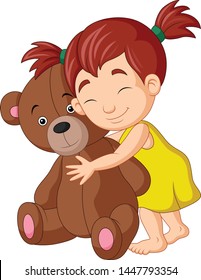 Cartoon little girl hugging teddy bear