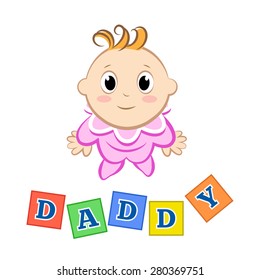 Cartoon little girl with an inscription blocks on white background. Vector illustration