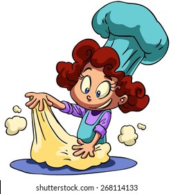 cartoon little girl kneading dough