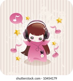 cartoon little girl listening to music