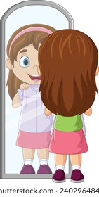 Cartoon little girl looking at the mirror with her outfit