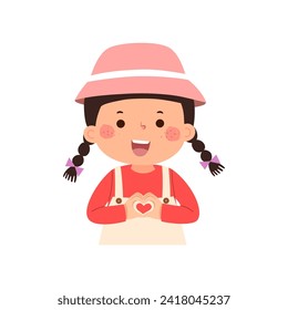 Cartoon little girl makes heart gesture with hands. Valentines Day concept.