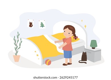 Cartoon of little girl making the bed. Kids doing housework chores at home concept. House work, Happy child helper. Room interior, indoor. flat vector illustration