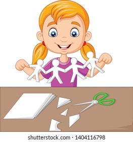 Cartoon little girl making paper people