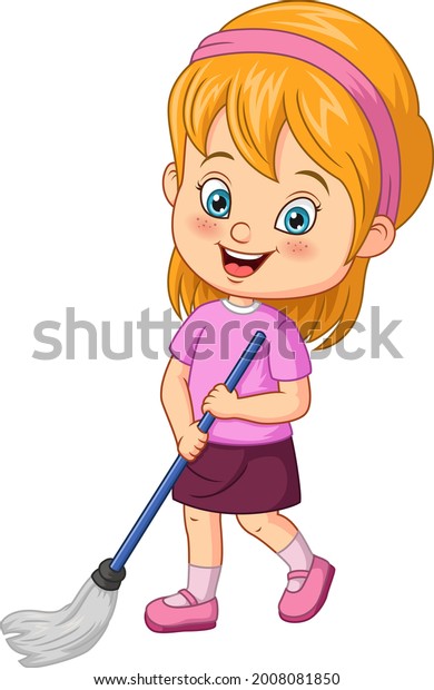 Cartoon Little Girl Mopping Floor Stock Vector (Royalty Free ...