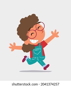 cartoon of  little girl on jeans running euphoric