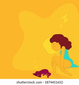 Cartoon little girl, one cute girl with curry brown hair is wearing light blue dress is sleeping on yellow pillow has her cat is sleeping nearly in yellow background.Vector isolate flat design for kid
