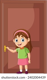 Cartoon little girl opening door