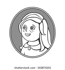 Cartoon little girl in oval frame. Monochrome portrait.